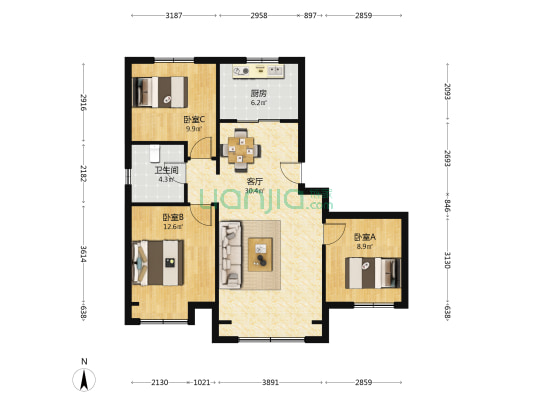 保利时代D3 3室1厅1卫 101平方