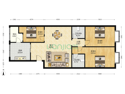 公路局宿舍 3室1厅2卫 129平方