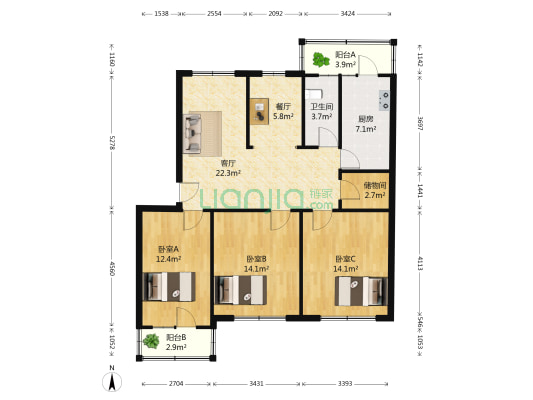 长影宿舍 3室2厅1卫 107平方