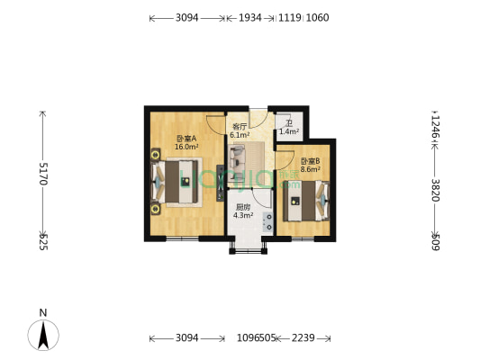 六棉光明小区 2室1厅1卫 46平方
