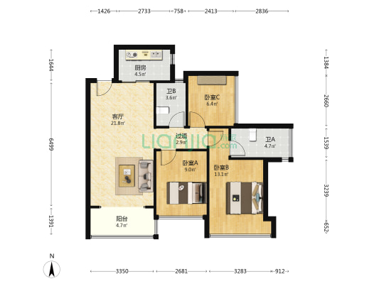 信义君御山 3室1厅2卫 89平方