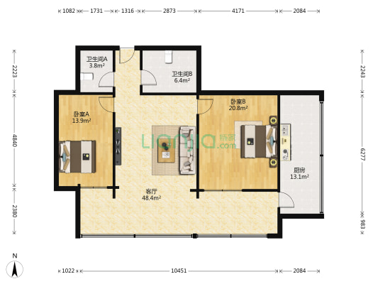 宏运大厦 2室1厅2卫 140平方