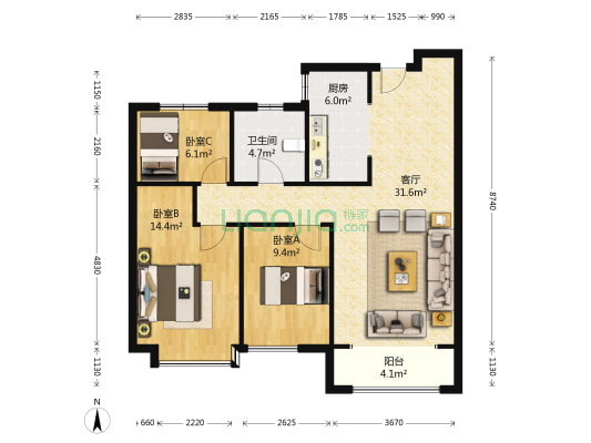 格调松间北里 3室1厅1卫 109平方