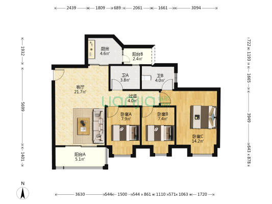 海畔馨苑 3室1厅2卫 92平方
