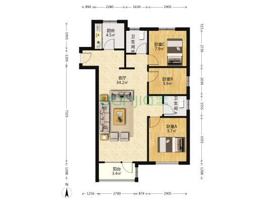 中建府 3室1厅2卫 107平方