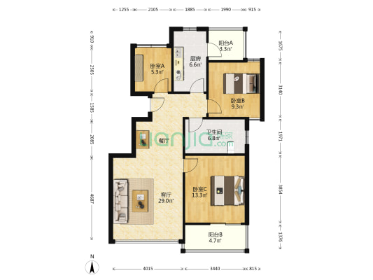 保利维拉家园 3室1厅1卫 87平方
