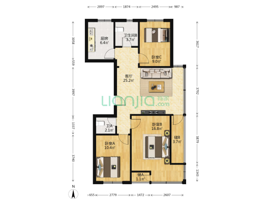 翰逸华园二期 3室1厅2卫 101平方
