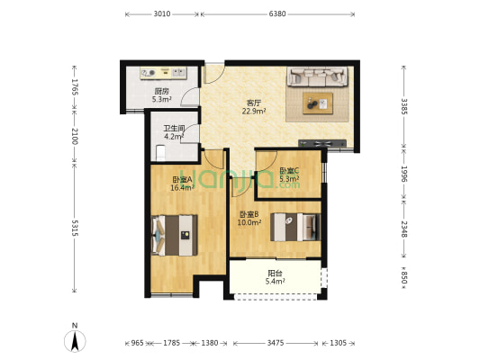 阳光100米娅公馆 3室1厅1卫 93平方