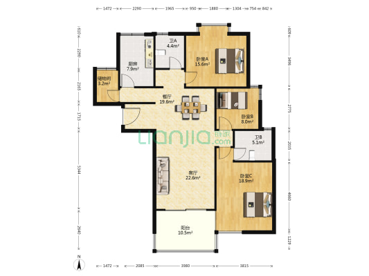 四季新家园 3室2厅2卫 156平方