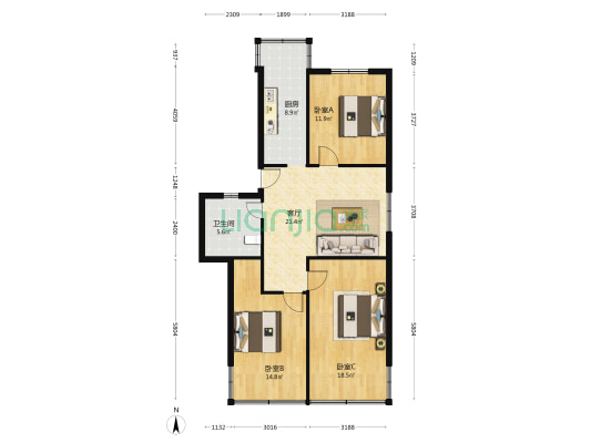 市政综合楼 3室1厅1卫 97平方