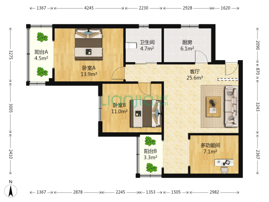 都市庭院花园 3室1厅1卫 86平方