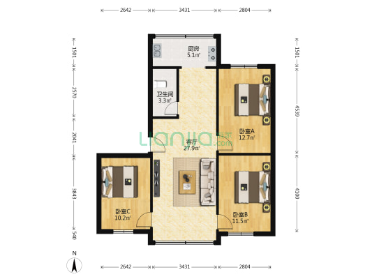 树蓓街1号 3室1厅1卫 85平方