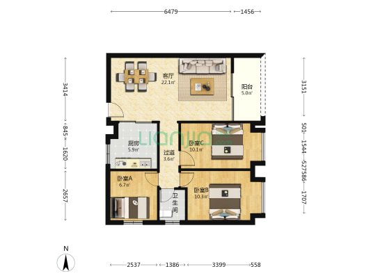 洲际国际公寓 3室1厅1卫 85平方