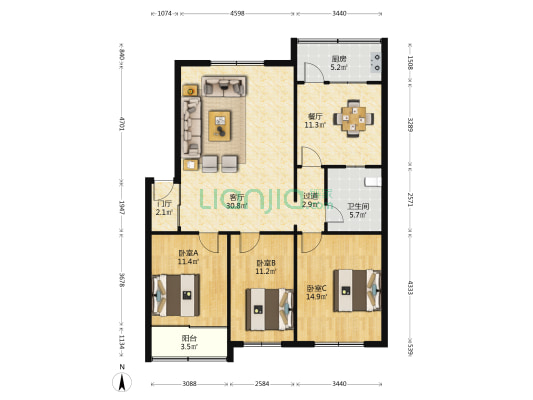 华怡公寓 3室2厅1卫 119平方
