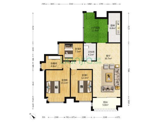御景壹号A区 3室1厅1卫 115平方