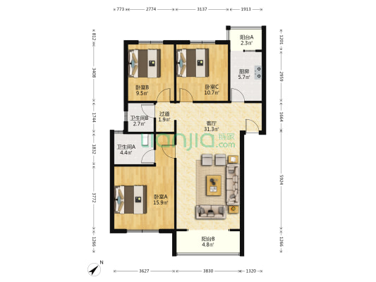 清江家园二期 3室1厅2卫 105平方