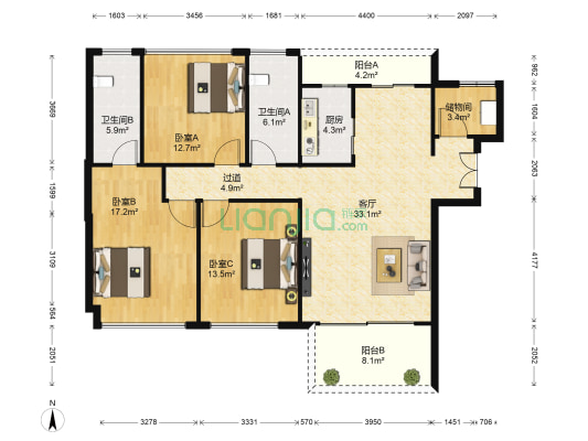 金汐府 3室1厅2卫 119平方