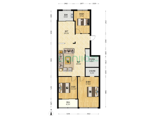 纺织五街168-186号 3室2厅2卫 126平方