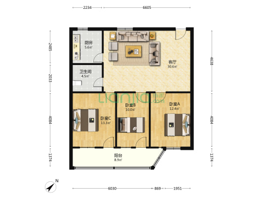 天皇大厦 3室1厅1卫 87平方