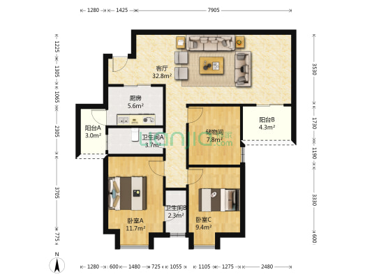 合和大厦 2室1厅2卫 102平方