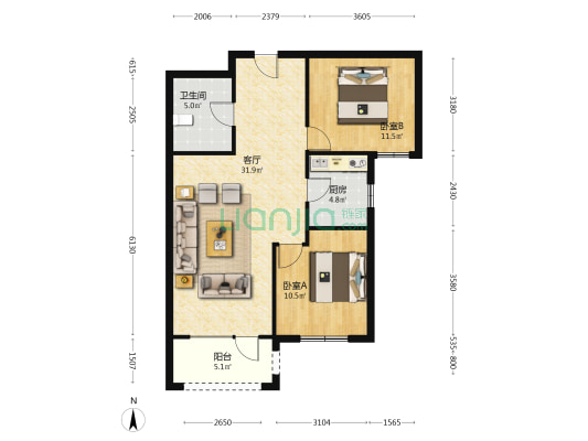 市区内集中供暖改善盘，南向两居，中间楼层70年大产权-户型图