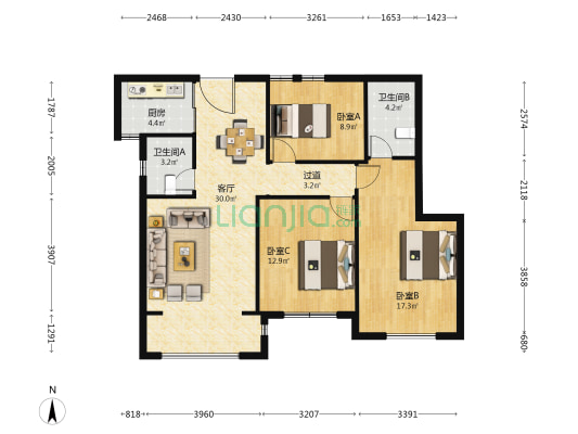 楠榕大厦 3室1厅2卫 115平方