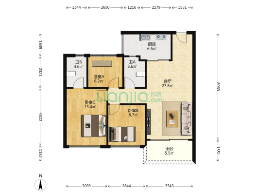 涛汇明日鎏金湾 3室1厅2卫 95平方