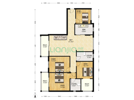 金湖天地 4室1厅2卫 136平方