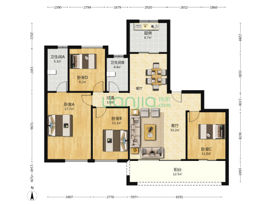 建发玺云 4室1厅2卫 149平方