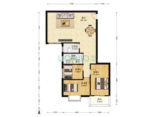 鸿业新天地和苑 3室1厅1卫 107平方