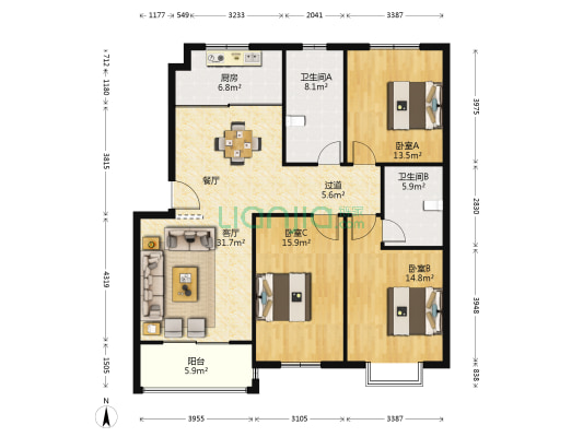 涟洲花园 3室1厅2卫 136平方