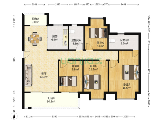 尹山湖景花园五期 4室1厅2卫 140平方