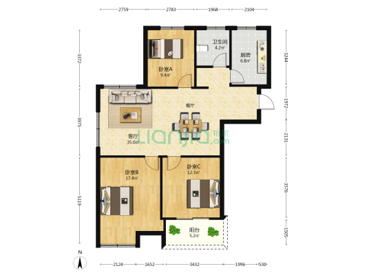 解放丽都 3室1厅1卫 117平方