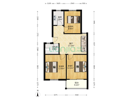 和平家园B3区 3室1厅1卫 74平方
