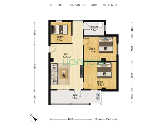光明北路241号大院 3室1厅1卫 78平方