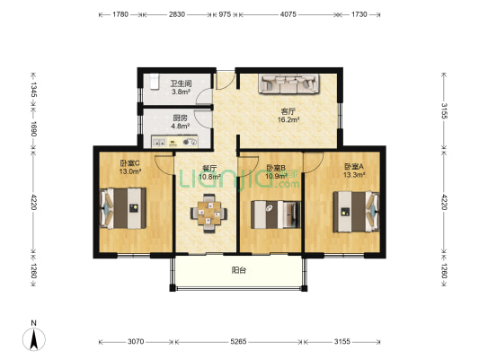 恒大华城东林苑 3室2厅1卫 98平方