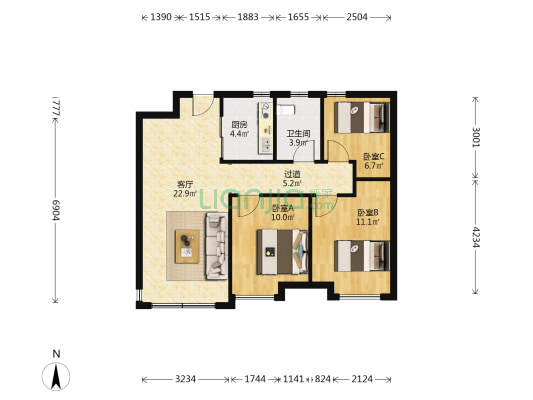 金茂悦北一区 3室1厅1卫 87平方