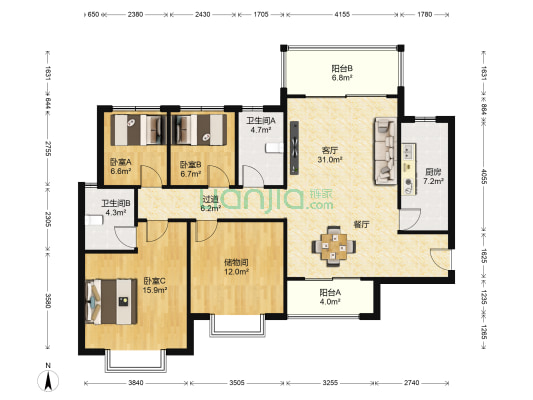 昆明恒大玖珑湾 3室1厅2卫 136平方