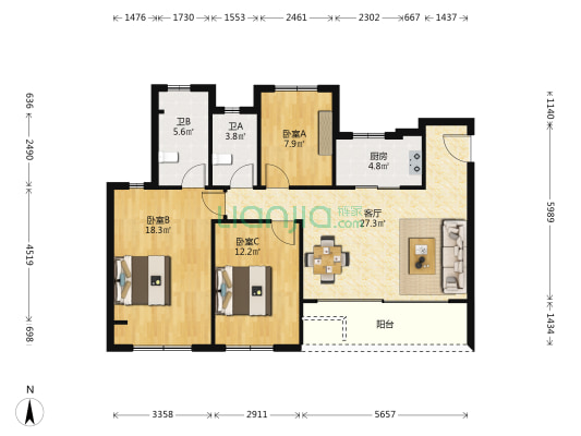 绿地悦颂云庭 3室1厅2卫 112平方