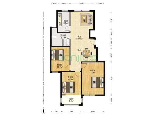 香橙 3室1厅1卫 104平方