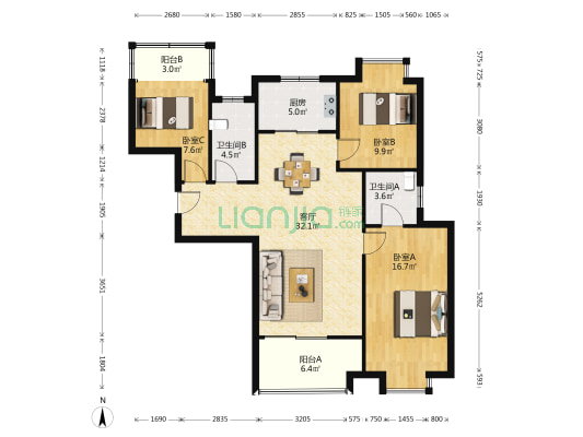 美的翰城 3室1厅2卫 112平方