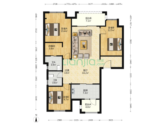 领地天府兰台锦园 3室1厅2卫 126平方