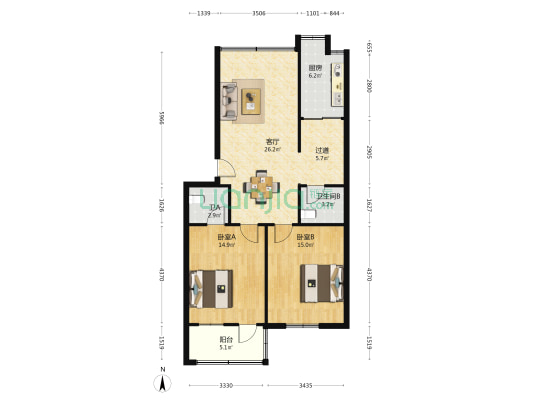 高路小区 2室1厅2卫 90平方