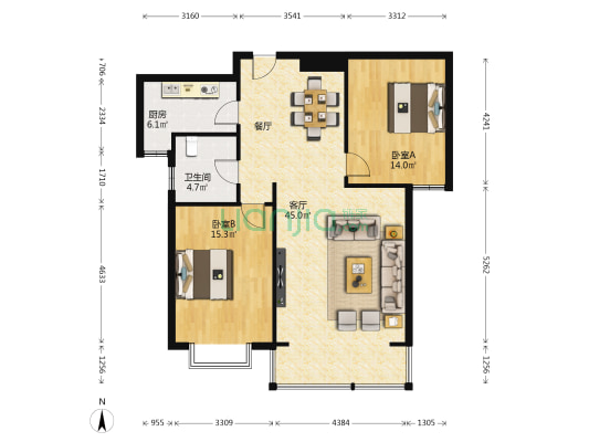 天恒·银滩花园B区 2室1厅1卫 113平方