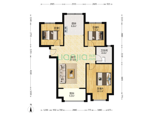 天伦湾小区，集中供暖，南北通透，环境优美三居室-户型图