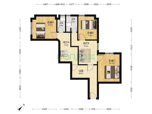 现代广场 3室2厅2卫 81平方