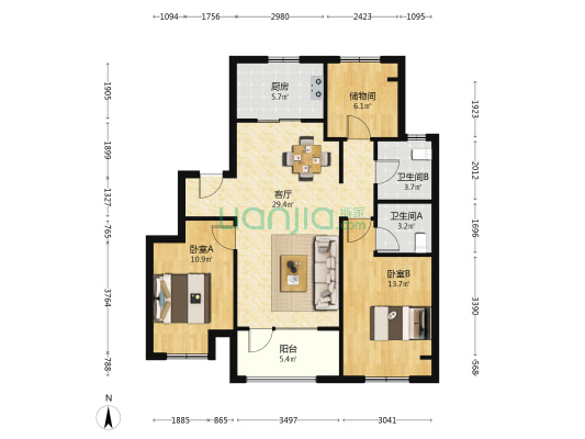 吾悦华府B3 2室1厅2卫 99平方
