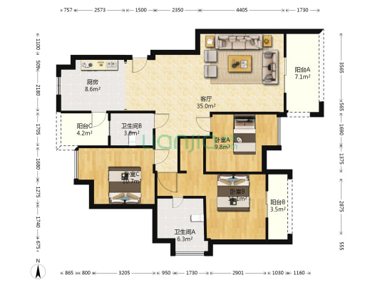 银翔城朗琴湾 3室1厅2卫 117平方