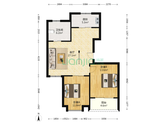 吴中花园 2室1厅1卫 85平方
