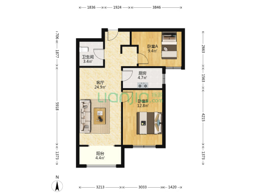 花园社区，绿化多，全南向两居，采光好，诚意出售。-户型图